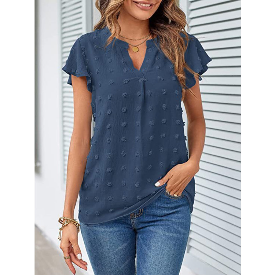 Swiss Dot Notched Cap Sleeve Blouse Dusty Blue / S Apparel and Accessories