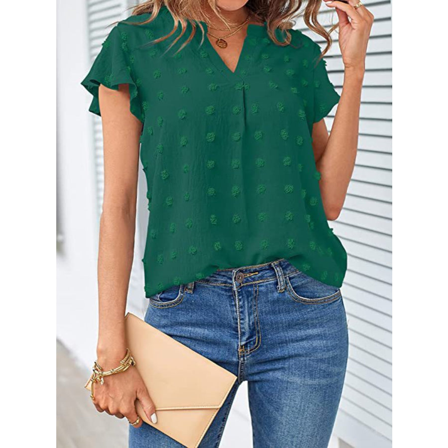 Swiss Dot Notched Cap Sleeve Blouse Green / S Apparel and Accessories