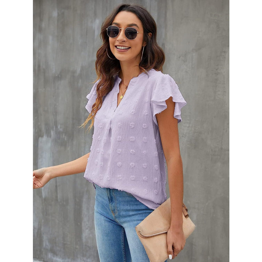 Swiss Dot Notched Cap Sleeve Blouse Lavender / S Apparel and Accessories