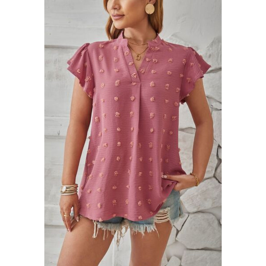 Swiss Dot Notched Cap Sleeve T - Shirt Light Mauve / S Apparel and Accessories