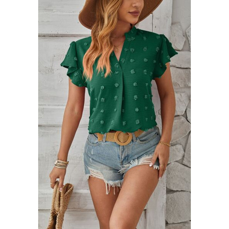 Swiss Dot Notched Cap Sleeve T - Shirt Green / S Apparel and Accessories