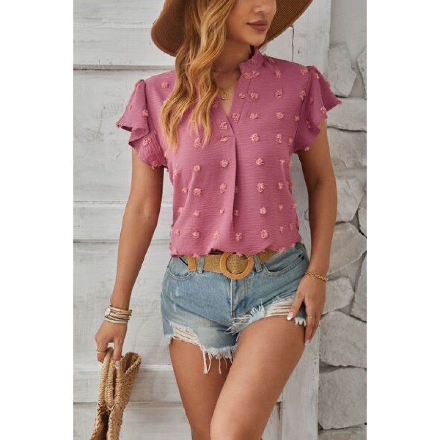 Swiss Dot Notched Cap Sleeve T - Shirt Light Mauve / S Apparel and Accessories