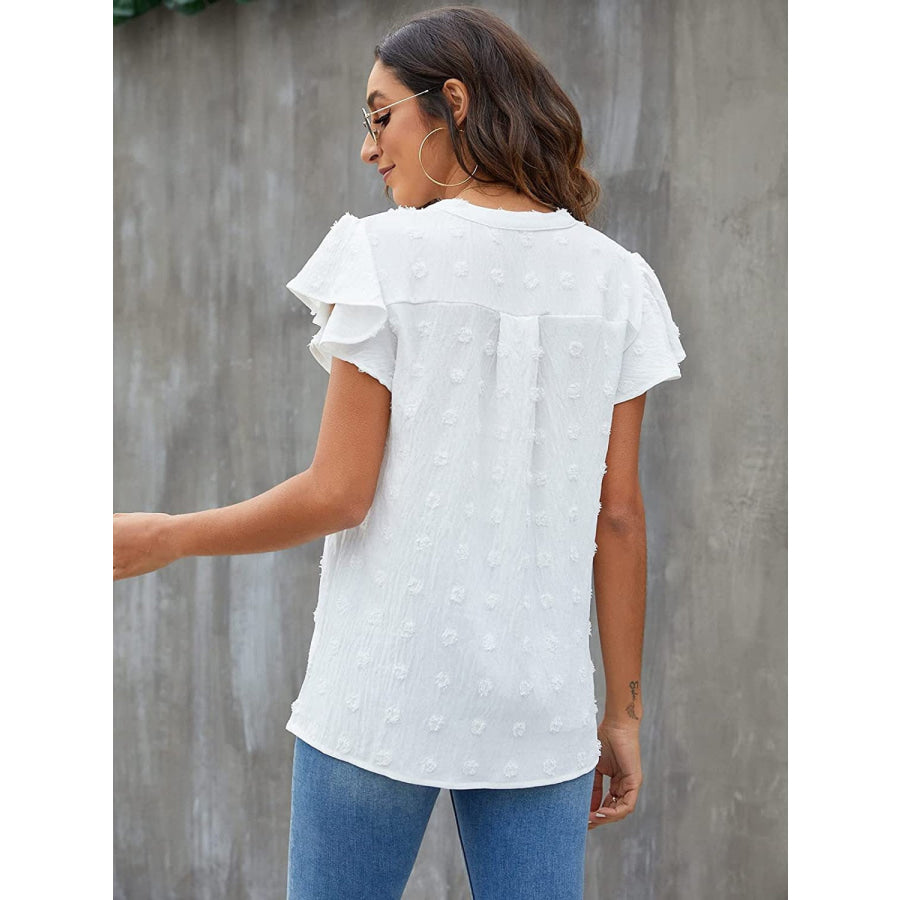 Swiss Dot Notched Flutter Sleeve Blouse Apparel and Accessories