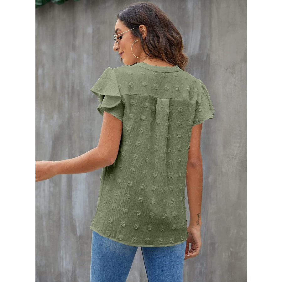 Swiss Dot Notched Flutter Sleeve Blouse Apparel and Accessories