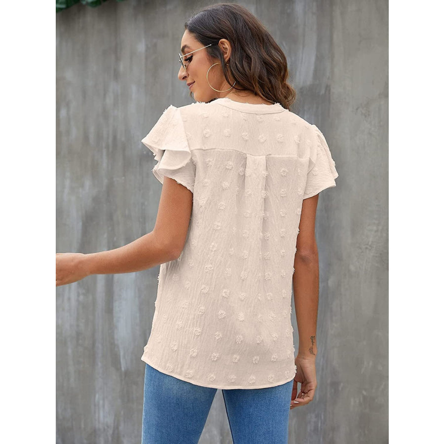 Swiss Dot Notched Flutter Sleeve Blouse Apparel and Accessories