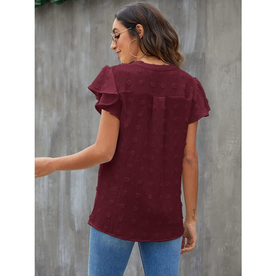 Swiss Dot Notched Flutter Sleeve Blouse Apparel and Accessories