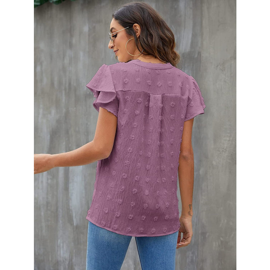 Swiss Dot Notched Flutter Sleeve Blouse Apparel and Accessories