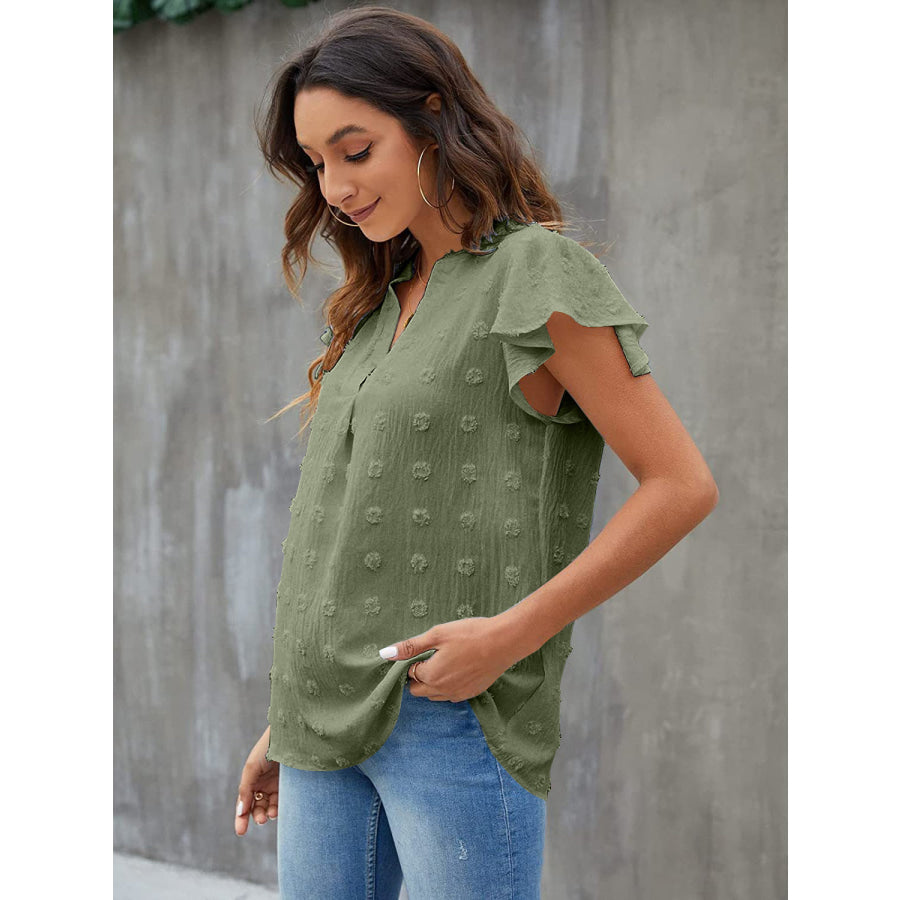 Swiss Dot Notched Flutter Sleeve Blouse Apparel and Accessories