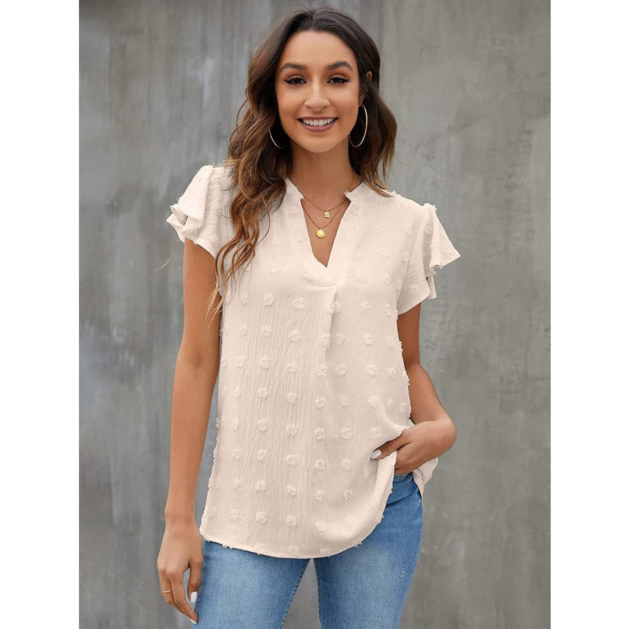 Swiss Dot Notched Flutter Sleeve Blouse Apparel and Accessories