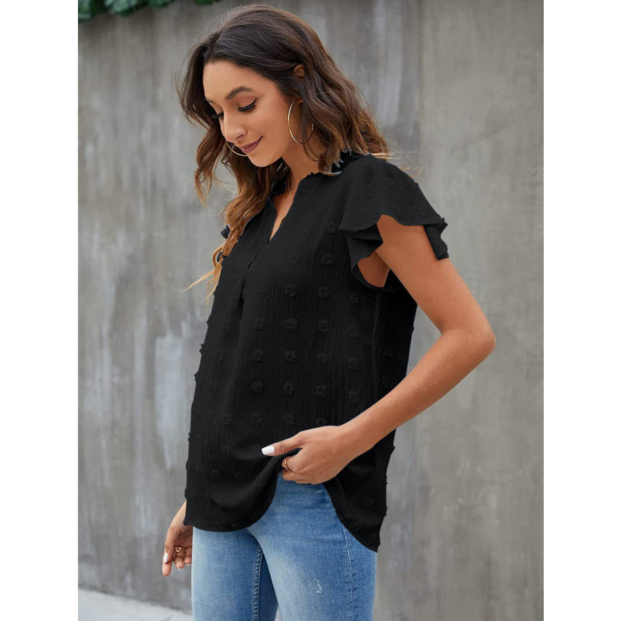 Swiss Dot Notched Flutter Sleeve Blouse Black / S Apparel and Accessories