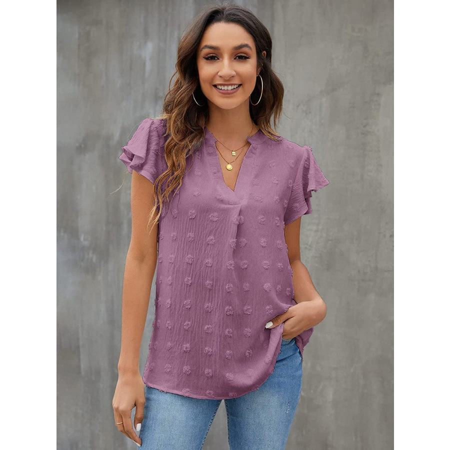 Swiss Dot Notched Flutter Sleeve Blouse Lilac / S Apparel and Accessories