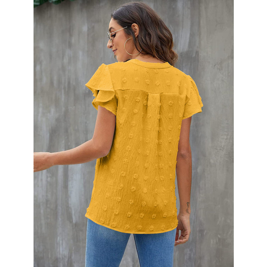 Swiss Dot Notched Flutter Sleeve Blouse Mustard / S Apparel and Accessories