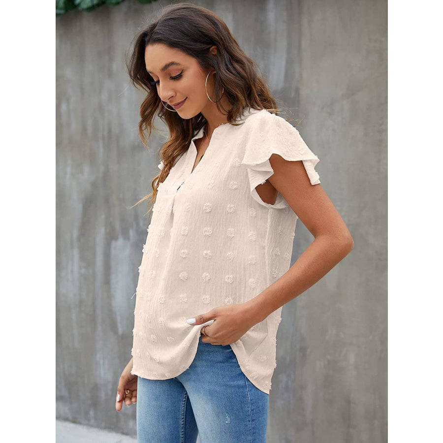 Swiss Dot Notched Flutter Sleeve Blouse Sand / S Apparel and Accessories