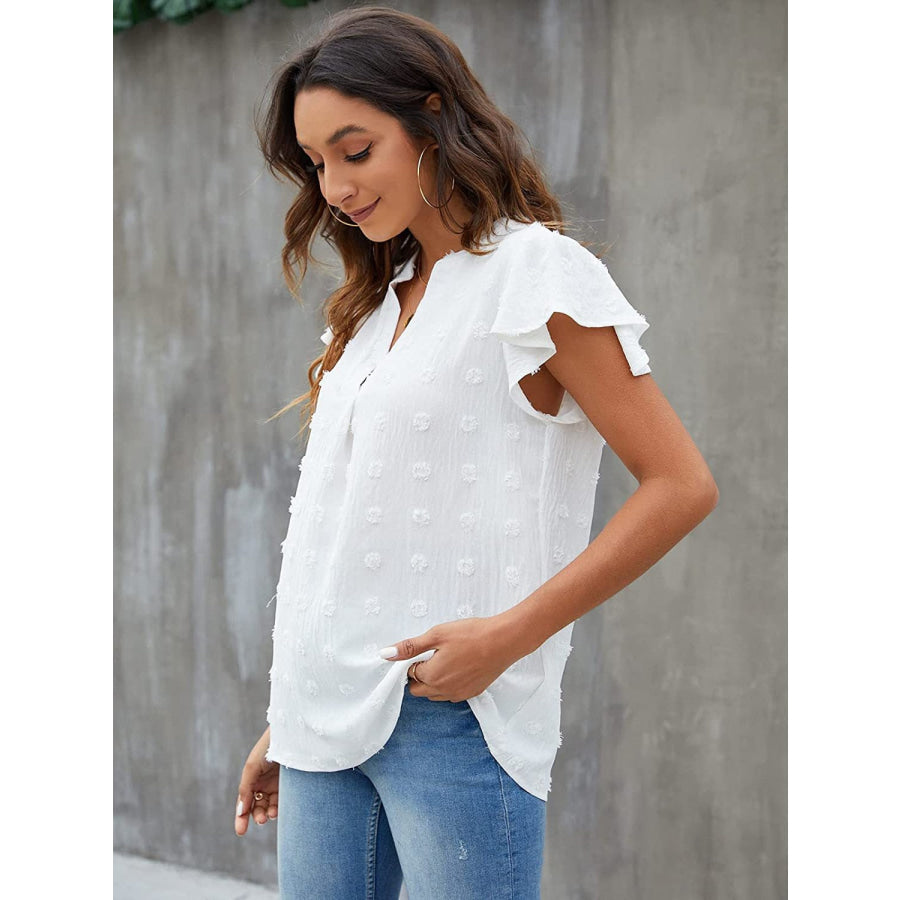 Swiss Dot Notched Flutter Sleeve Blouse White / S Apparel and Accessories