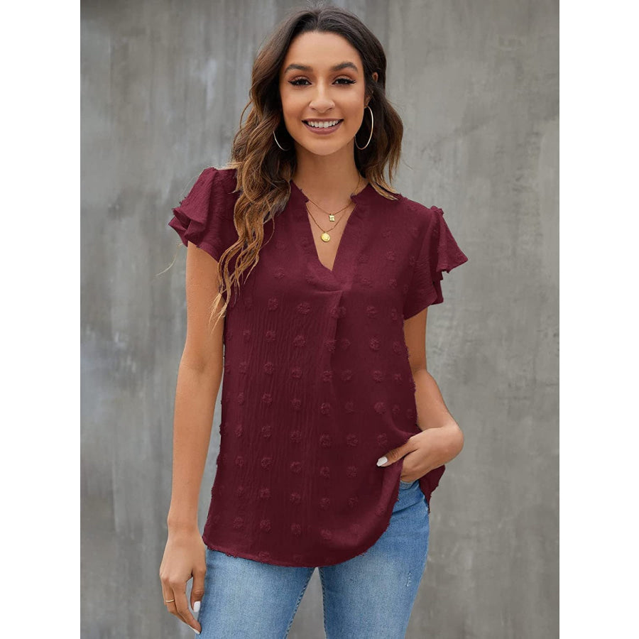 Swiss Dot Notched Flutter Sleeve Blouse Wine / S Apparel and Accessories