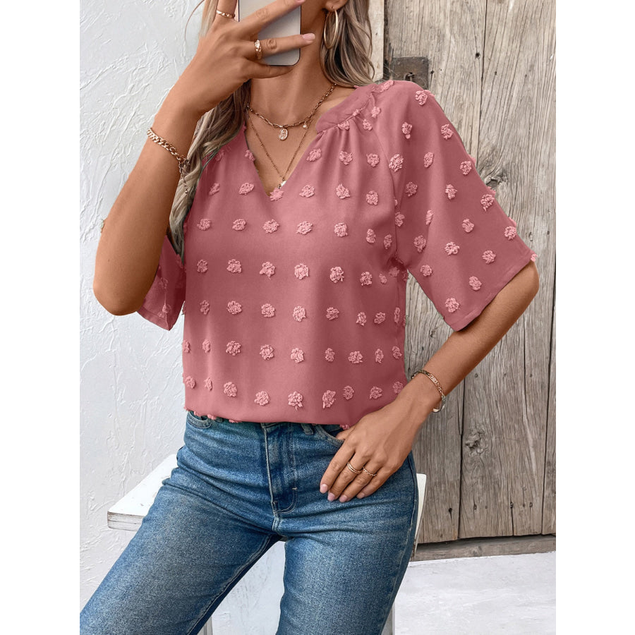 Swiss Dot Notched Half Sleeve Blouse Apparel and Accessories