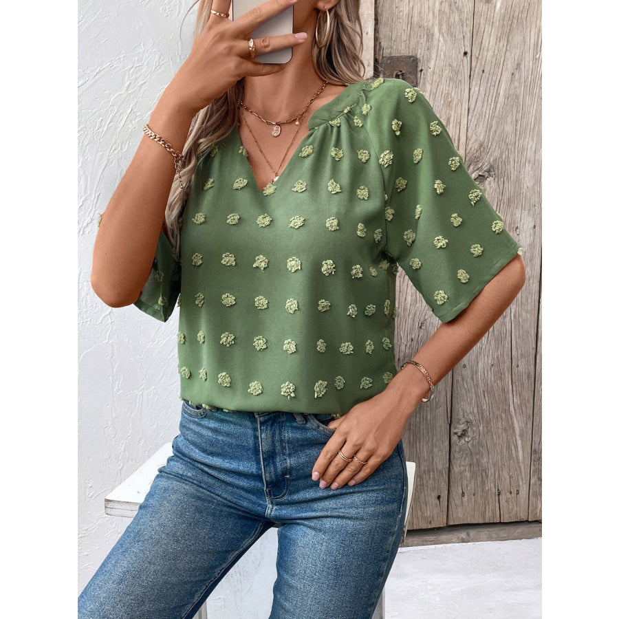 Swiss Dot Notched Half Sleeve Blouse Apparel and Accessories