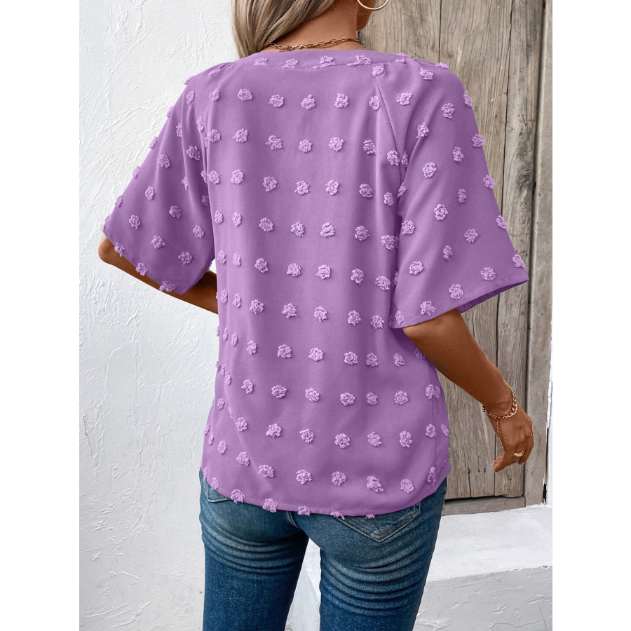 Swiss Dot Notched Half Sleeve Blouse Apparel and Accessories