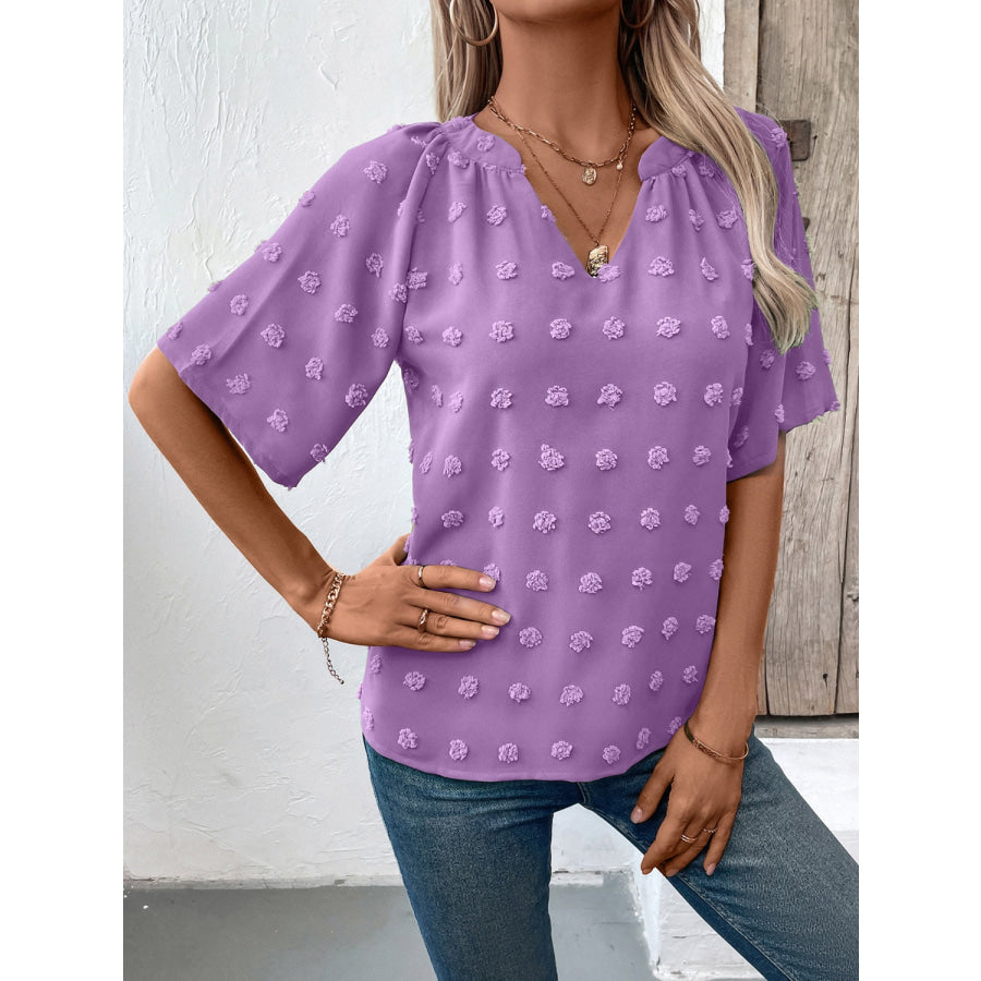 Swiss Dot Notched Half Sleeve Blouse Apparel and Accessories