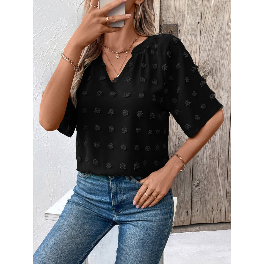 Swiss Dot Notched Half Sleeve Blouse Apparel and Accessories