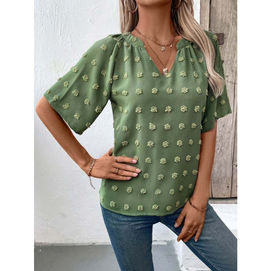 Swiss Dot Notched Half Sleeve Blouse Apparel and Accessories