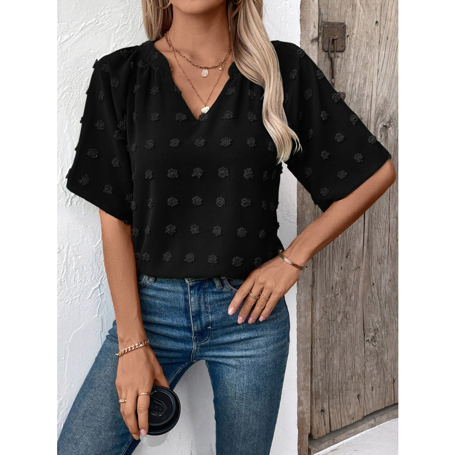 Swiss Dot Notched Half Sleeve Blouse Apparel and Accessories