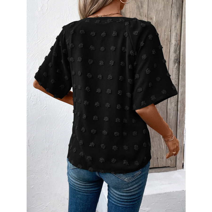 Swiss Dot Notched Half Sleeve Blouse Apparel and Accessories