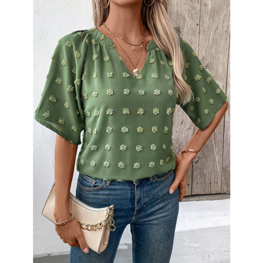 Swiss Dot Notched Half Sleeve Blouse Apparel and Accessories