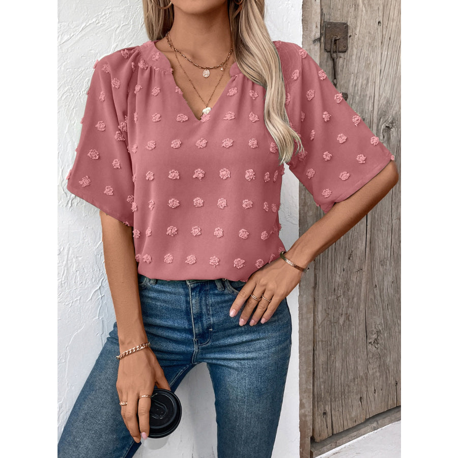 Swiss Dot Notched Half Sleeve Blouse Apparel and Accessories