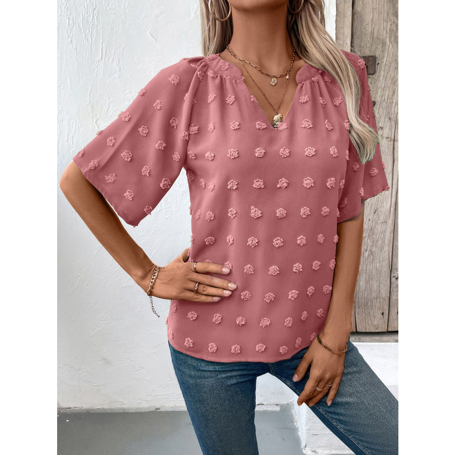 Swiss Dot Notched Half Sleeve Blouse Apparel and Accessories