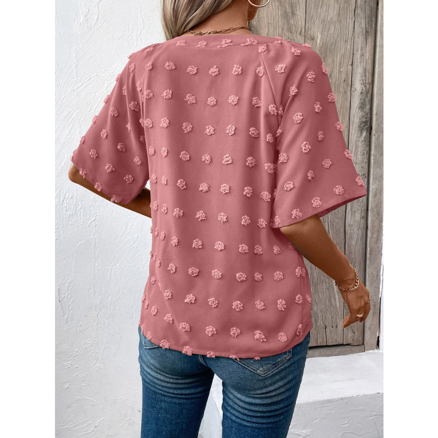 Swiss Dot Notched Half Sleeve Blouse Apparel and Accessories