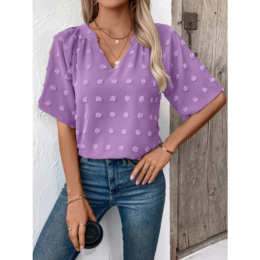 Swiss Dot Notched Half Sleeve Blouse Apparel and Accessories