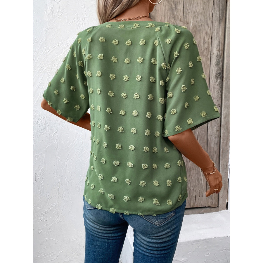 Swiss Dot Notched Half Sleeve Blouse Apparel and Accessories