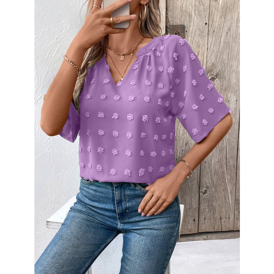 Swiss Dot Notched Half Sleeve Blouse Apparel and Accessories