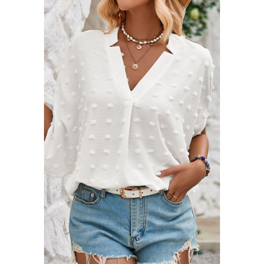 Swiss Dot Notched Half Sleeve Blouse Apparel and Accessories