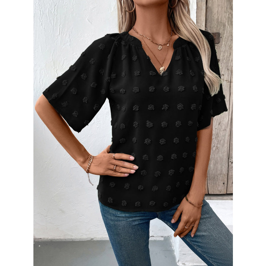 Swiss Dot Notched Half Sleeve Blouse Apparel and Accessories