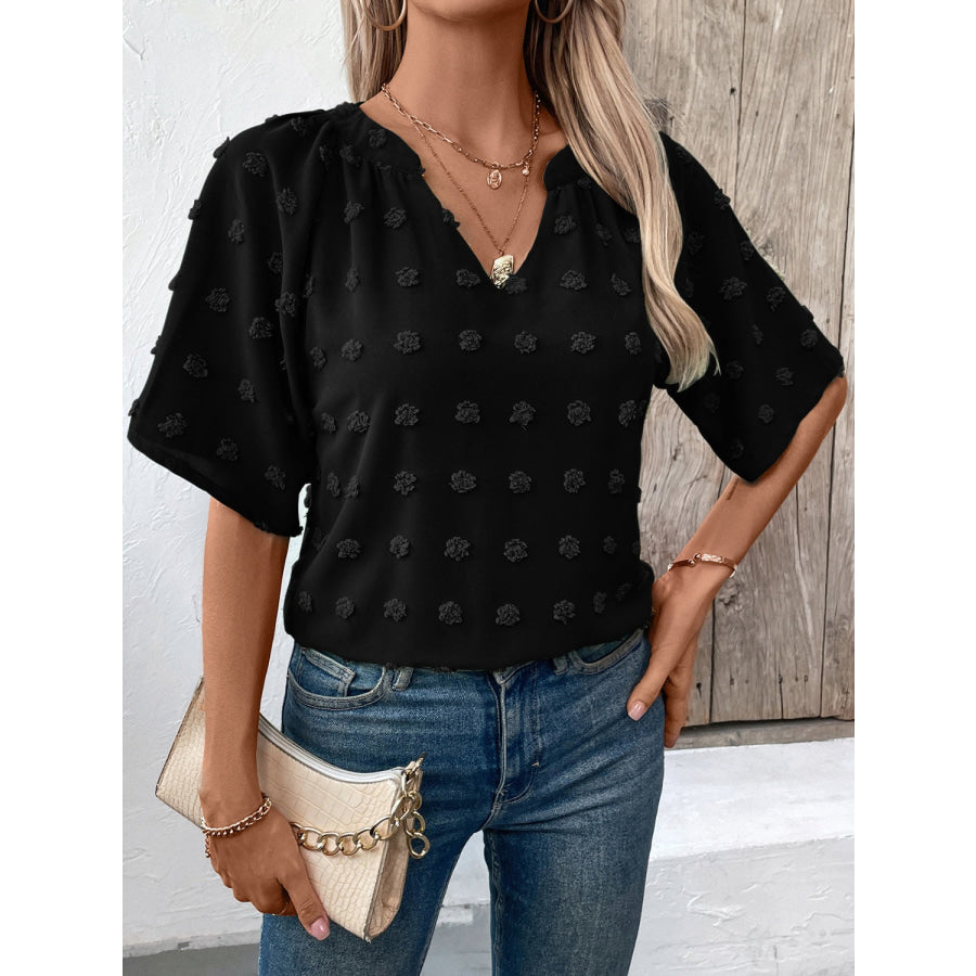 Swiss Dot Notched Half Sleeve Blouse Black / S Apparel and Accessories