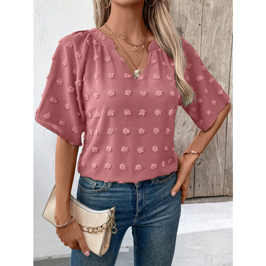 Swiss Dot Notched Half Sleeve Blouse Dusty Pink / S Apparel and Accessories