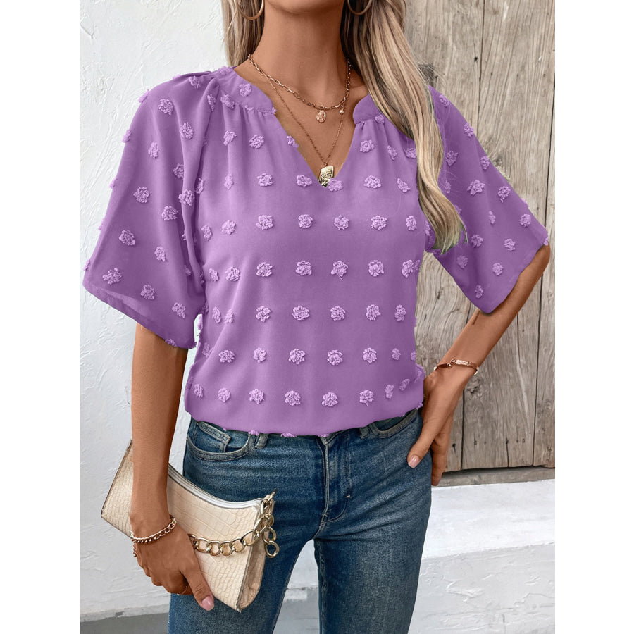 Swiss Dot Notched Half Sleeve Blouse Heliotrope Purple / S Apparel and Accessories