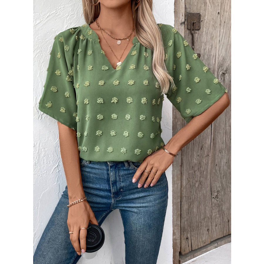 Swiss Dot Notched Half Sleeve Blouse Moss / S Apparel and Accessories