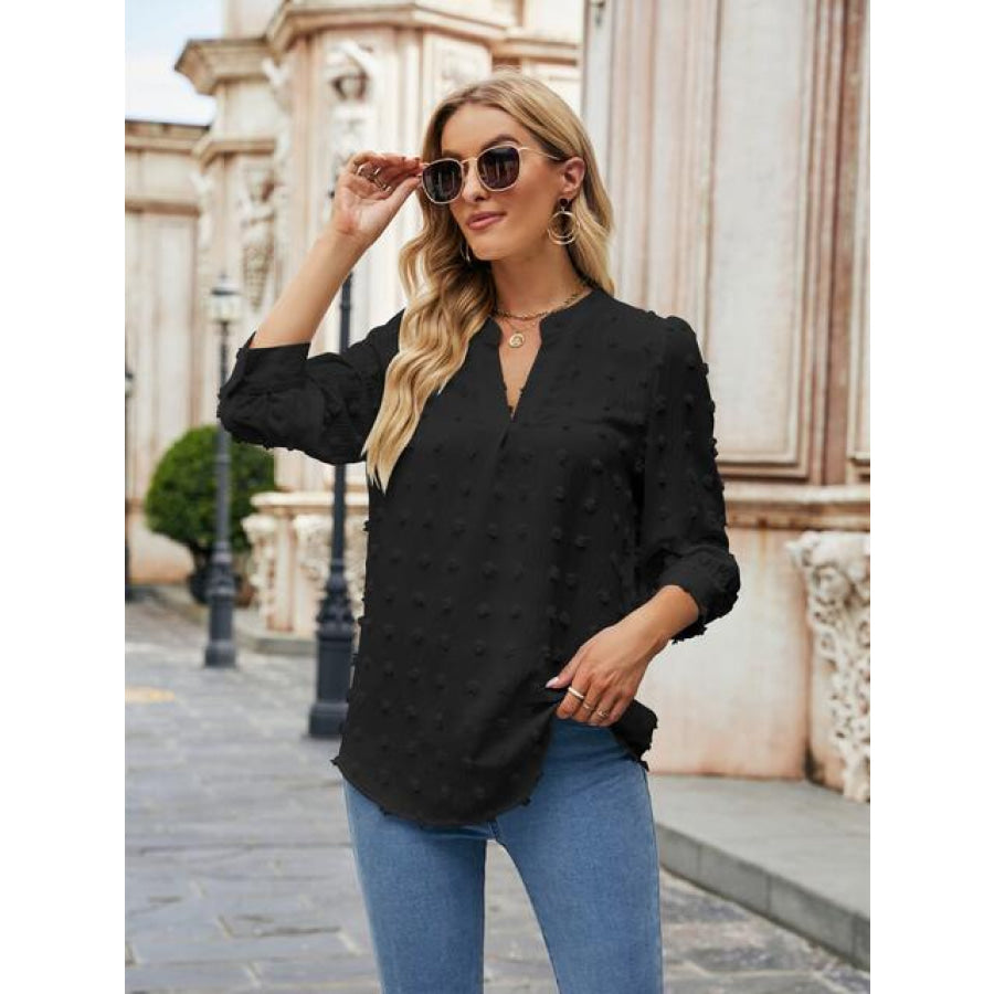 Swiss Dot Notched Neck Blouse Black / S Clothing