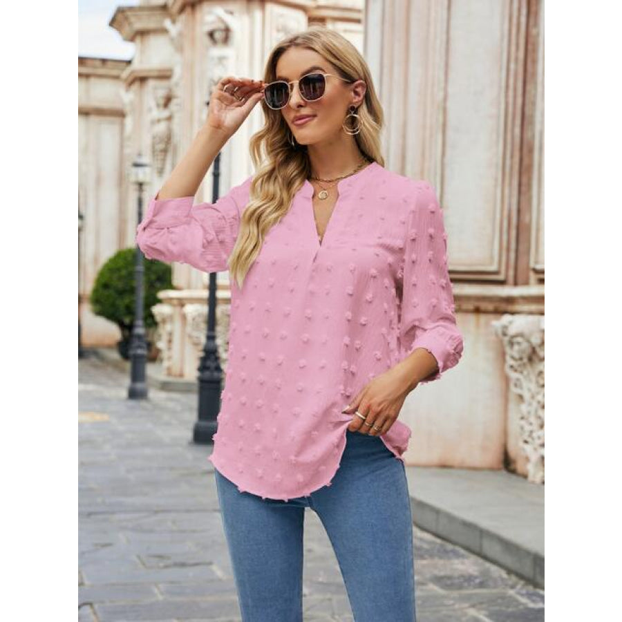 Swiss Dot Notched Neck Blouse Carnation Pink / S Clothing