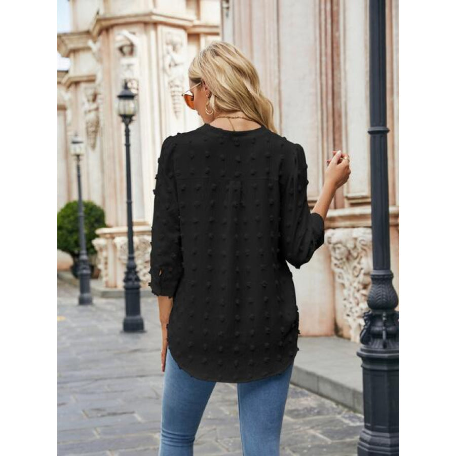 Swiss Dot Notched Neck Blouse Clothing