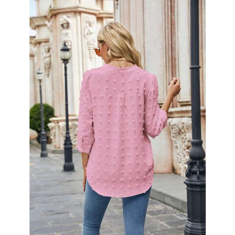 Swiss Dot Notched Neck Blouse Clothing