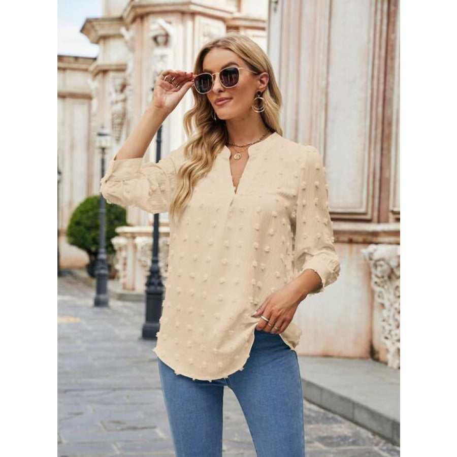 Swiss Dot Notched Neck Blouse Sand / S Clothing