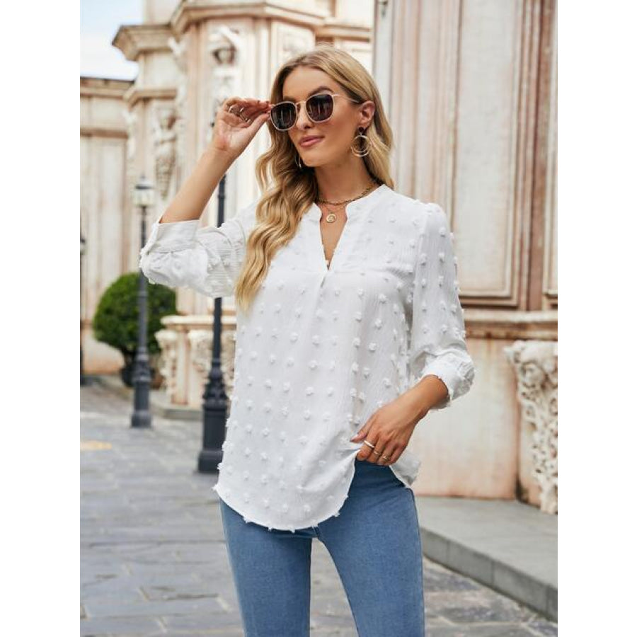 Swiss Dot Notched Neck Blouse White / S Clothing