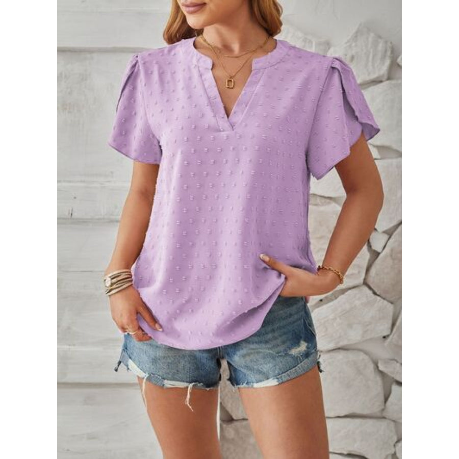 Swiss Dot Notched Petal Sleeve T - Shirt Apparel and Accessories