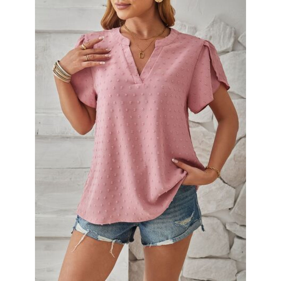 Swiss Dot Notched Petal Sleeve T - Shirt Apparel and Accessories