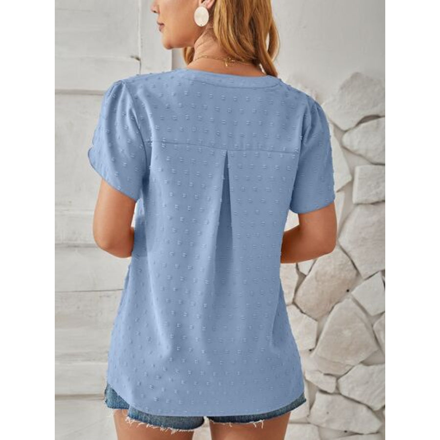 Swiss Dot Notched Petal Sleeve T - Shirt Apparel and Accessories