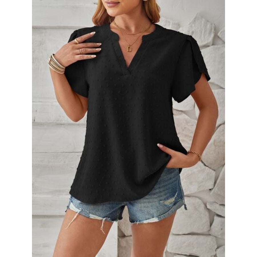 Swiss Dot Notched Petal Sleeve T - Shirt Apparel and Accessories